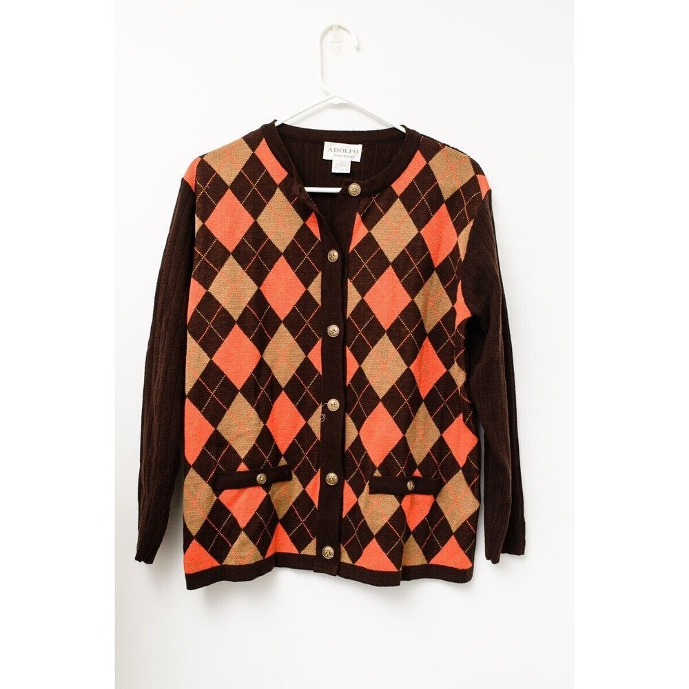 VTG 70's Adolfo brown orange tan argyle sweater button down women's cardigan